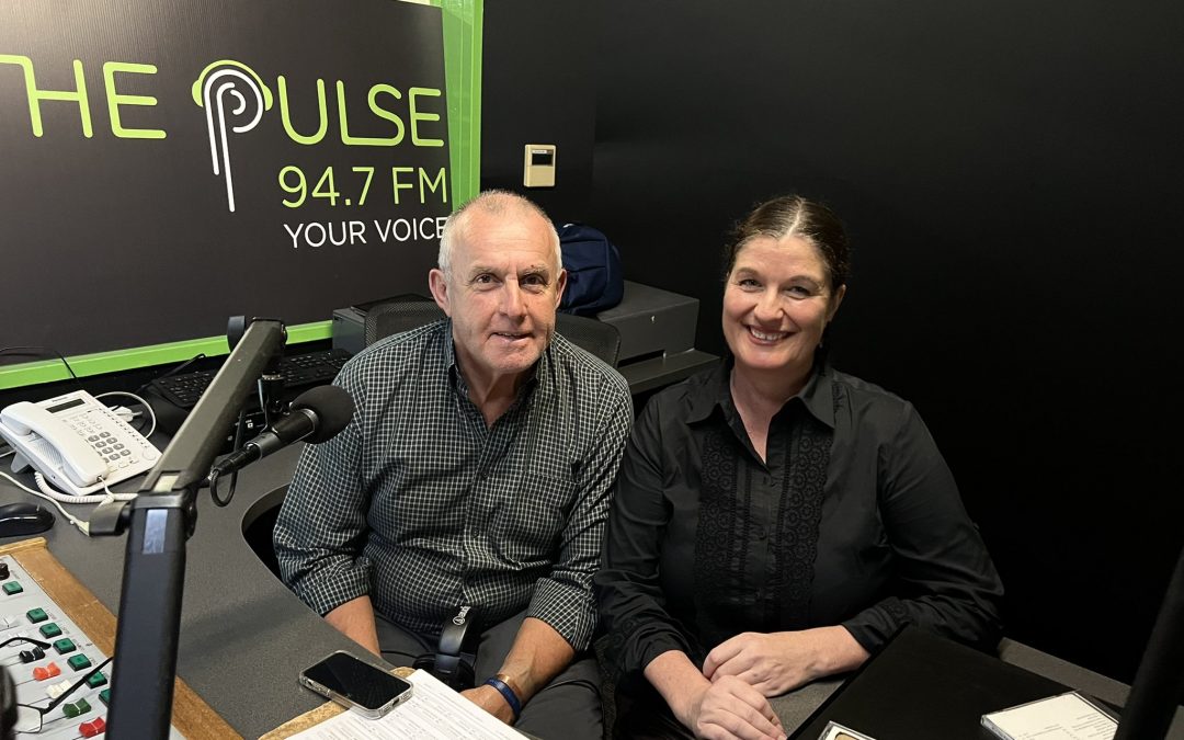 Rob Cameron and Jennifer Cromarty sitting in the studio at Pulse FM