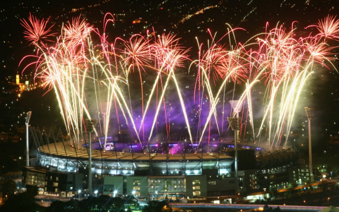 Fireworks above the MCG at night from the closing ceremony of 2006 games.