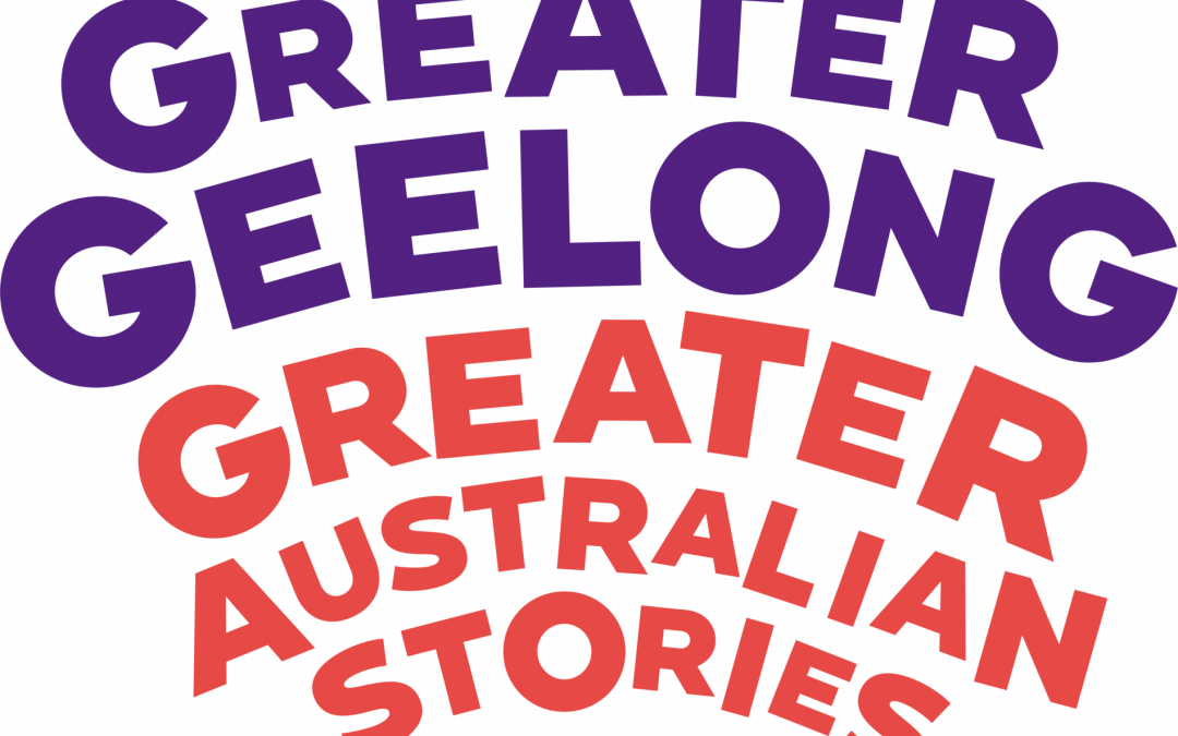Greater Geelong Greater Australian Stories written in purple and oprgane on a white background